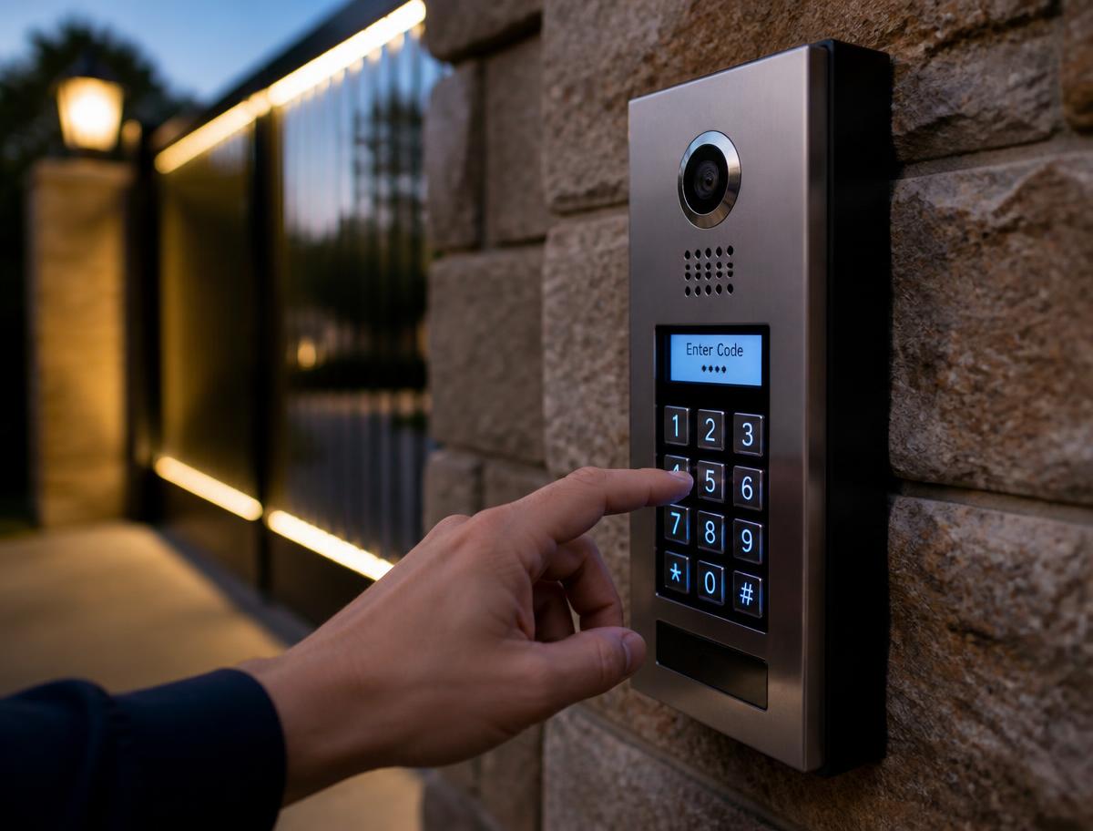 Stainless steel gate access control keypad and video intercom on a stone pillar