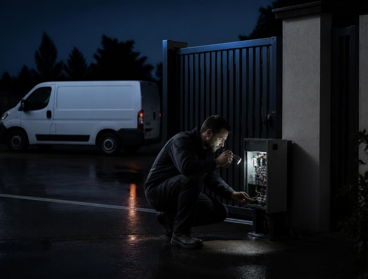 Gate technician inspecting an automatic gate control box at night