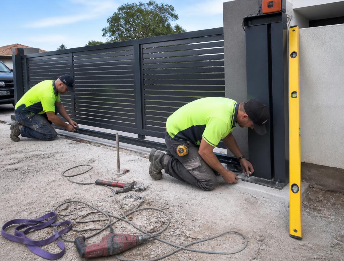 Installers fitting a new automatic sliding gate track at a residential driveway