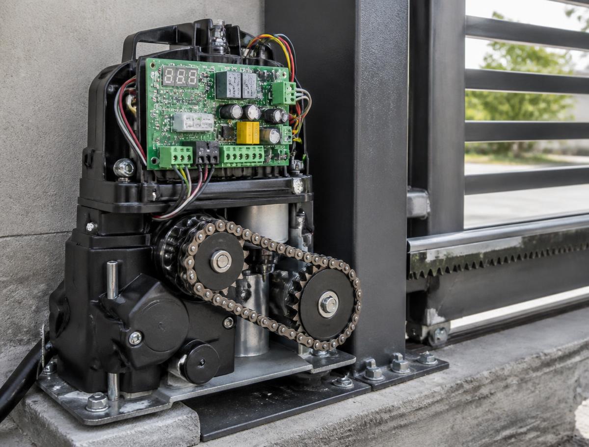 Automatic gate motor operator with exposed control board and chain drive