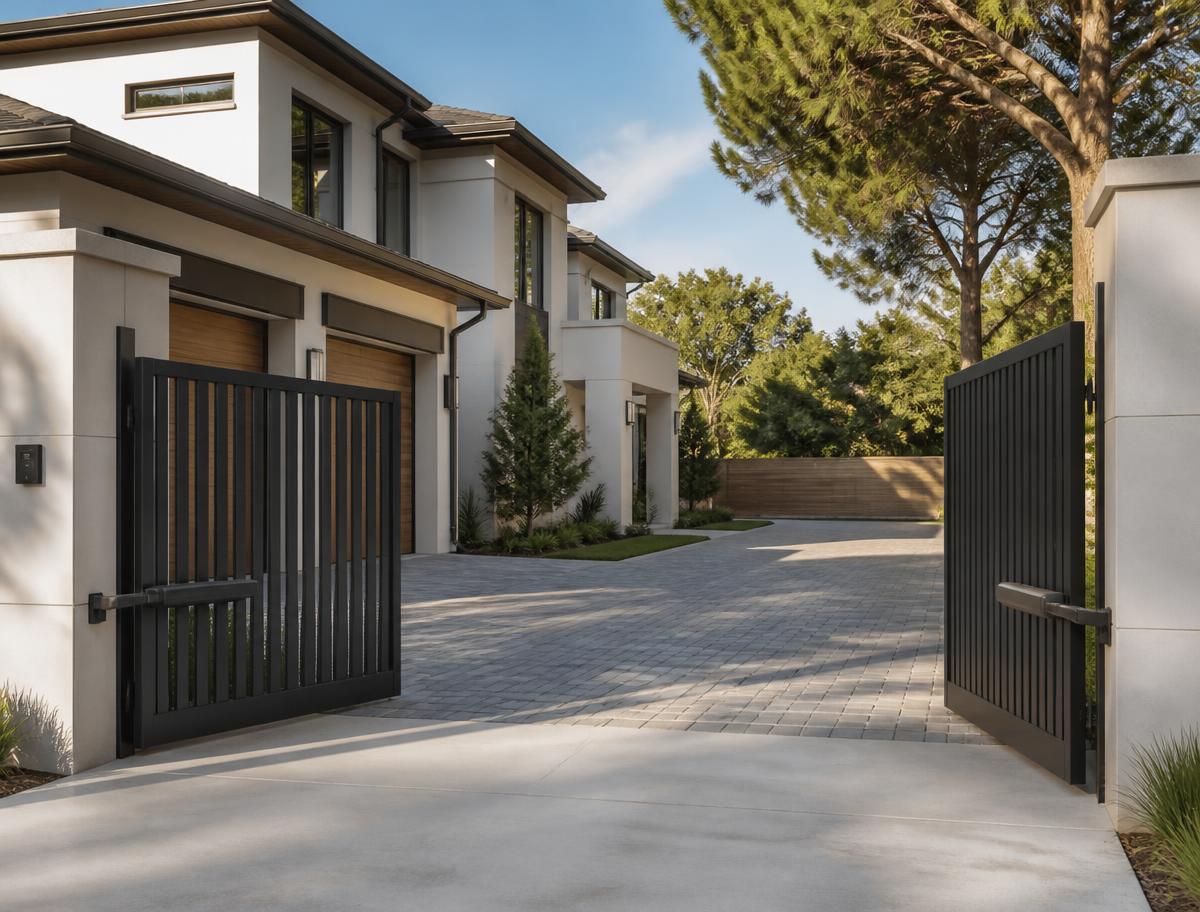 Modern residential automatic swing gate open at a contemporary home driveway