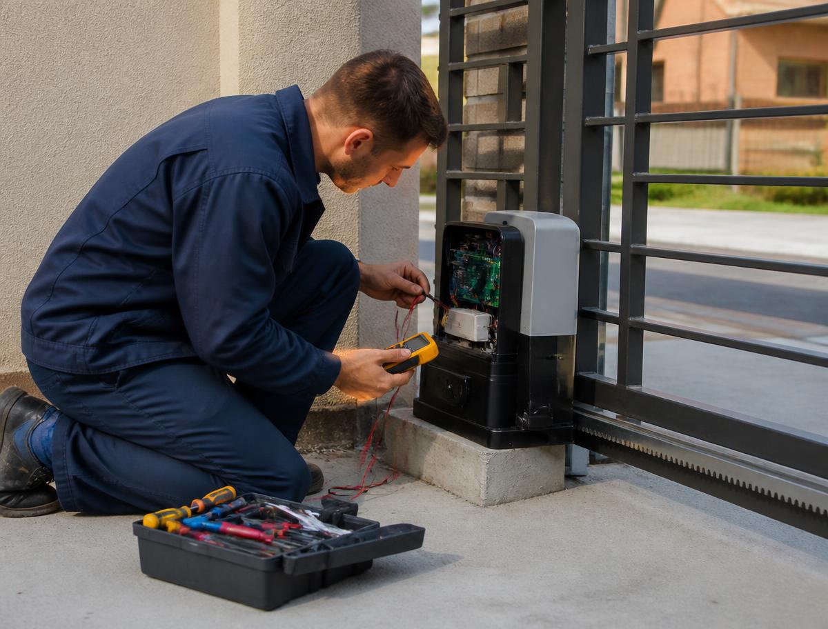 Technician testing an automatic gate operator control board with a multimeter